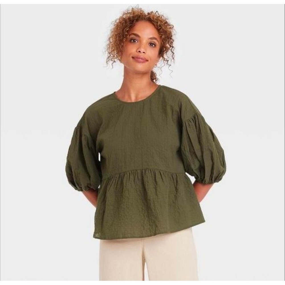 A New Day Women's Olive Green Puff Sleeve Peplum Blouse XL Textured Babydoll Top